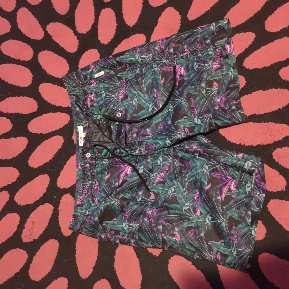 Onia Black and Purple Swim Trunks with Artistic Pattern